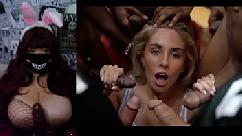 Pelirroja con grandes tetas reacciona a un video de gang bang &num3